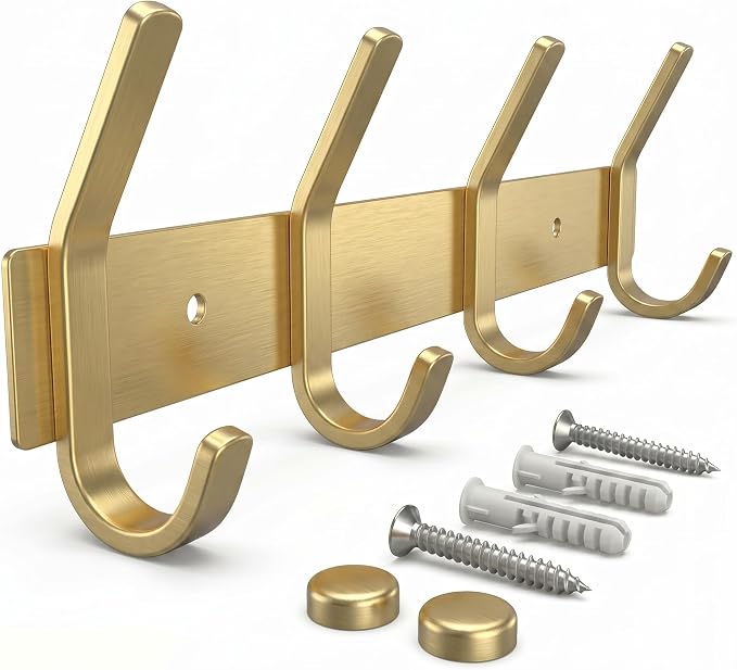 Brushed Gold Wall Mounted Coat Rack – 12 Inch Stainless Steel Rail with 4 Double Coat Hooks for Entryway, Bathroom, Bedroom, Kitchen – Modern Gold Hook Rack for Coats, Hats, Towels by SAYONEYES