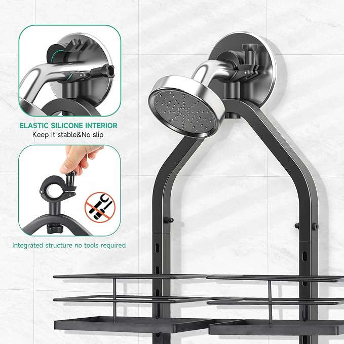 Shower Caddy Hanging for Handheld Showerheads Adjustable Hagging Shower Caddy, Stainless Steel Hose Hanging Shower Organizer 4 Levels Height Shower Rack（black - Image 2