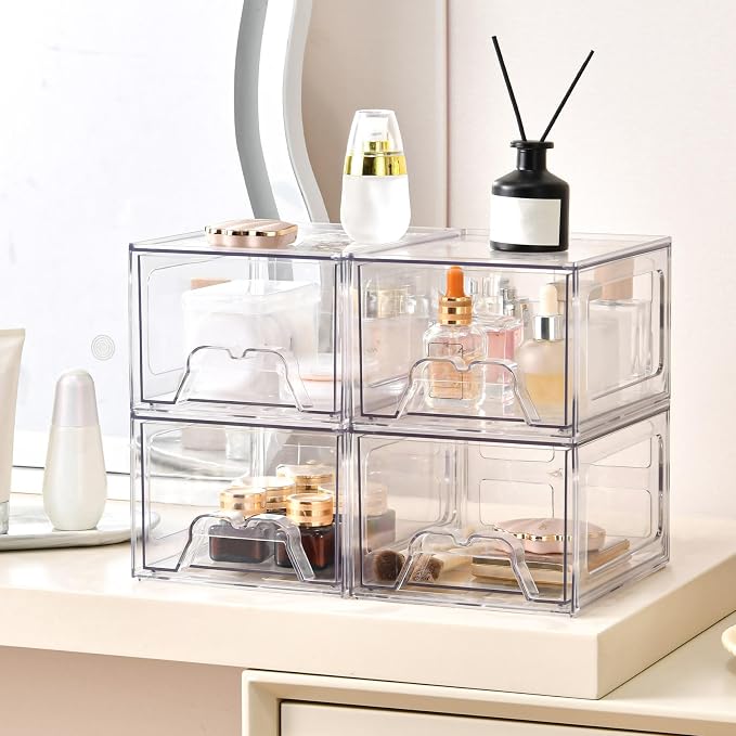 Stebopum 8 Pack Stackable Makeup Organizer, 4.4'' Tall Acrylic Bathroom Makeup Organizer and Storage Drawer with Pull-out Handle, Clear Plastic Storage Bins for Vanity,Pantry,Desk,Undersink,Kitchen - Image 5