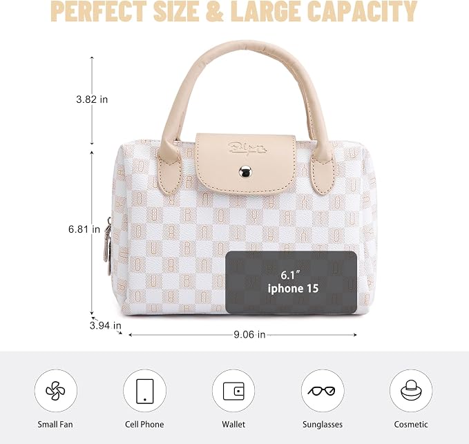 BOYATU Checkered Makeup Bag Organizer with Handle: Large Travel Cosmetic Bag Hold 10+ 100ml Full-Size Bottles for Date & Trip - Waterproof Leather Toiletry Pouch 3-sec Touch-up for Chic Woman(Apricot) - Image 7