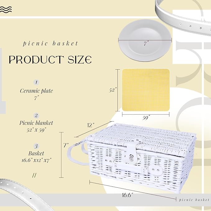 Picnic Basket Set for 4 with Waterproof Blanket Mat Insulation Bag Wicker White Yellow Light Fresh Gifts for Wedding Birthday Summer Camp Outdoor Camping Beach Travel Christmas Thanksgiving - Image 3