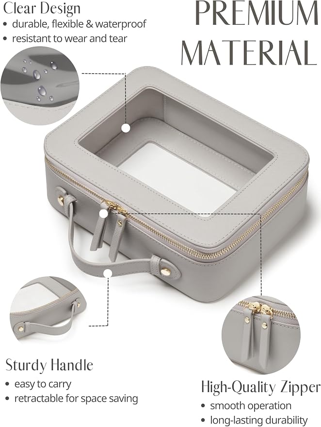 Popvibe Clear Makeup Bag Toiletry Case Travel Transparent Cosmetic Bag with Zipper, Portable Make Up Organizer Traveling Compact Car Bag for Essentials, Beige Grey - Image 2