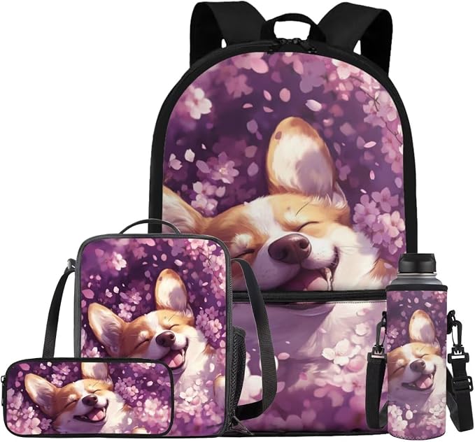 Kawaii Dog Backpack for Girls 8-10 with Lunch Box Elementary Middle School Bag Large Capacity Bookbag for Students, Fashion Backpack Gifts for School Outdoor Travel Vacation by Bivxisrvo