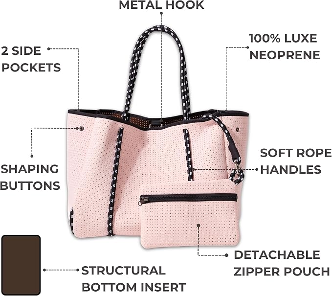 POPUPS Large Neoprene Tote Bag for Women – Stylish Work, Beach, Travel Bag with Pockets, Rope Handles with Zipper Pouch (Pretty Pink II) - Image 4
