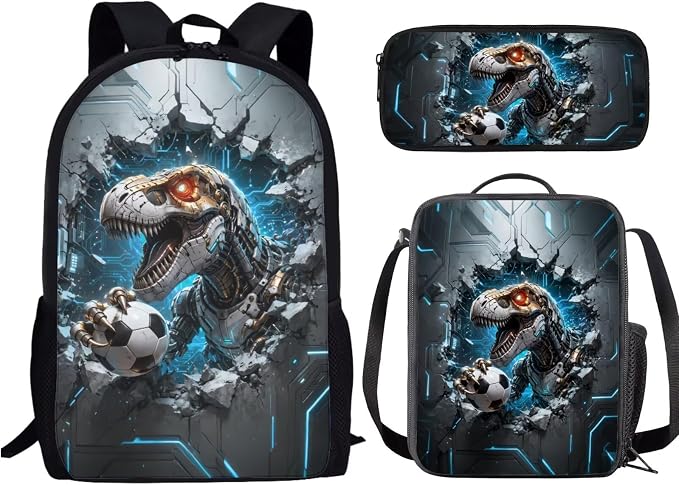 Forchrinse Dinosaur Backpack for School Boys 6-8 8-10 3 in 1 Soccer School Backpacks with Lunch Box Pencil Case Kids 17 Inch Bookbag School Bag Casual Daypack by Forchrinse