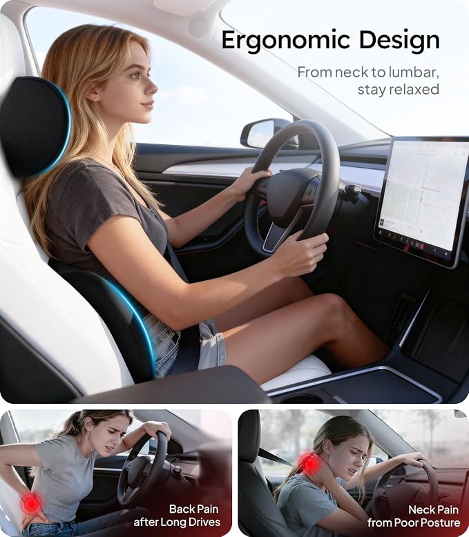 Wigoo Car Neck Pillow and Lumbar Support Pillow for Car Set, Black | Extra Strap| Ergonomic| Universal Fit - Image 2