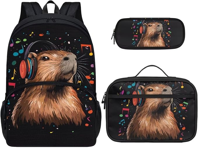 Music Capybara Backpack for School Girls with Lunchbox 17 Inch Cute Cartoon Animal Bookbag Kids Lunch Box Set and Pencil Case, 3-in-1 Back to School Bag Lunch Bag by Dremagia