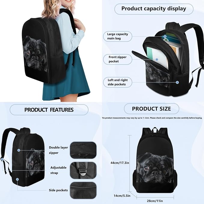 Coloranimal Black Pug Backpack Set School Bag with Mini Lunch Bag Pencil Case for Teen Boys Girls School Backpack with Adjust Shoulder Straps Travel Hiking Bag - Image 2