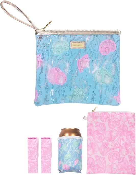 Lilly Pulitzer Water Resistant Vinyl Beach Day Pouch, Zipper Bag Includes Drink Hugger, Small Pouch, and Towel Clips by Unknown