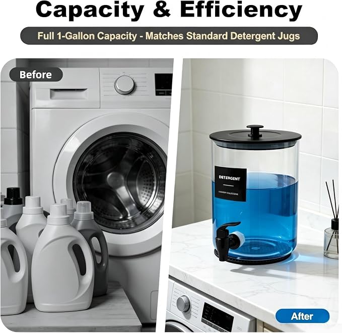 Glass Laundry Detergent Dispenser,1 Gallon Large Liquid Soap,2 Pack(Black) | Complete borosilicate jars set with leakproof spigots, protective silicone mats, minimalist labels, and dosing cups. - Image 7
