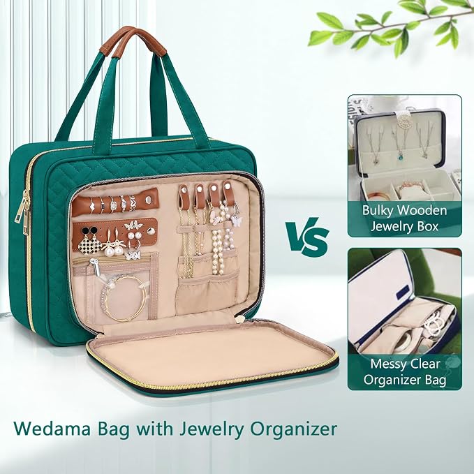 Wedama Toiletry Bag for Women, Hanging Travel Toiletry Bag with Jewelry Organizer Compartment Large Makeup Bag, PVC Waterproof Cosmetic Travel Bag Trips Camping Bathroom, Green+Brown - Image 3