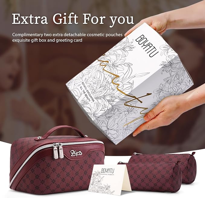 BOYATU Travel Makeup Bag Cosmetic Bags for Women: 3 Pcs Set Large Capacity Make up Bag with Handle - Vegan Leather Toiletry Bags with Compartments - Makeup Organizer for Travel Essentials(A-10-Red) - Image 6