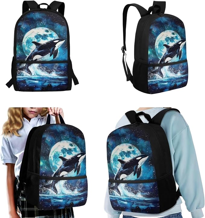 Killer Whale Backpack for School with Lunchbox and Pencil Case Moon Night Kids Bookbag and Lunch Box Set Elementary Schoolbag Lunchbox 3 in 1 Back To School Bag Lunch Bag - Image 2
