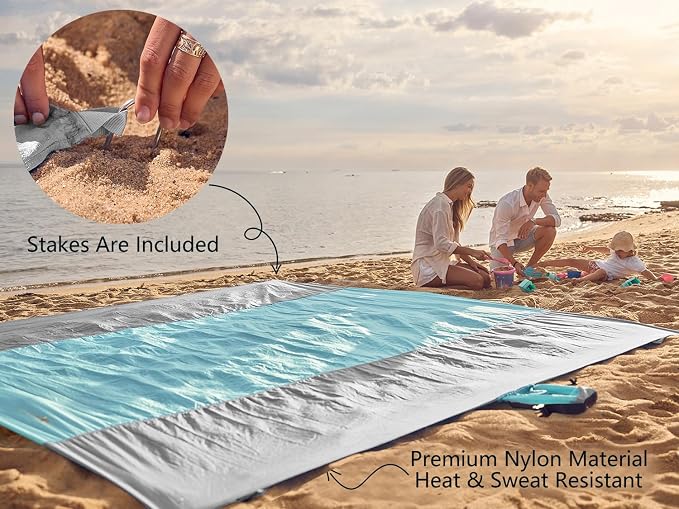 WEKAPO Beach Blanket Sandproof Waterproof, Extra Large Beach Mat, Oversized & Compact Sand Free, Quick Drying Beach Essentials for Vacation, Cruise, Picnic & Camping with Stakes - Image 6