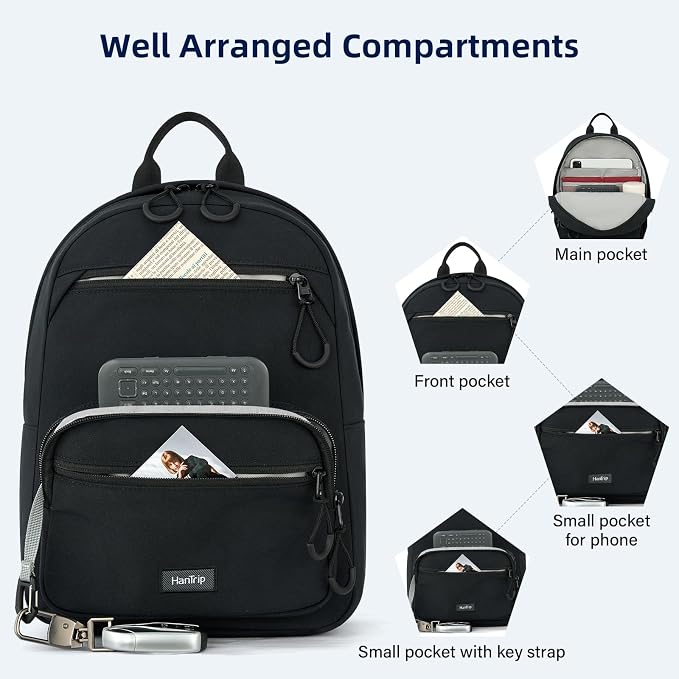 HanTrip Carry On Travel Backpack For Men Women, 13 Inch Small Mini Work Bag Personal Item Backpacks, Camping Back Pack Lightweight Hiking Daypack For Office Nurse Commuter (Black) - Image 3