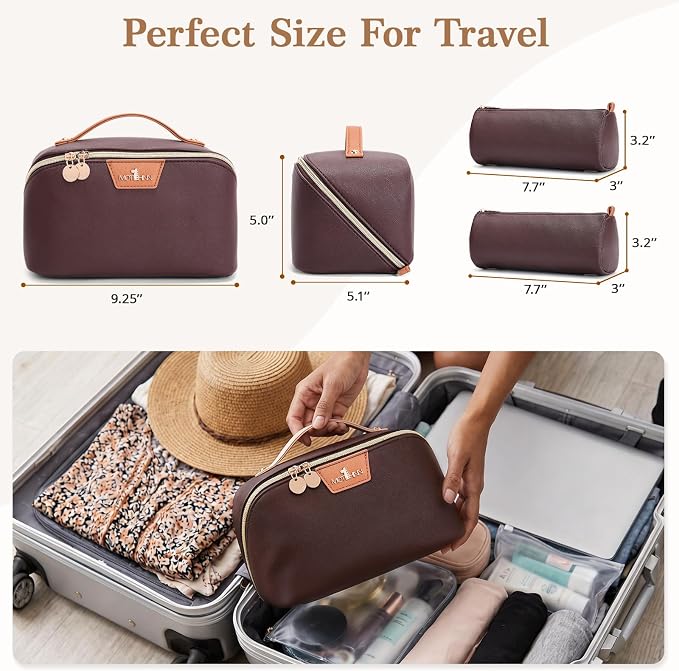 Travel Makeup Bag for Women: 3-in-1 Large Capacity Cosmetics Organizer with 2 Detachable Pouch - Vegan Leather Flat Open Toiletry Bag - Travel Essentials for Full-Sized Bottles(Coffee) - Image 5