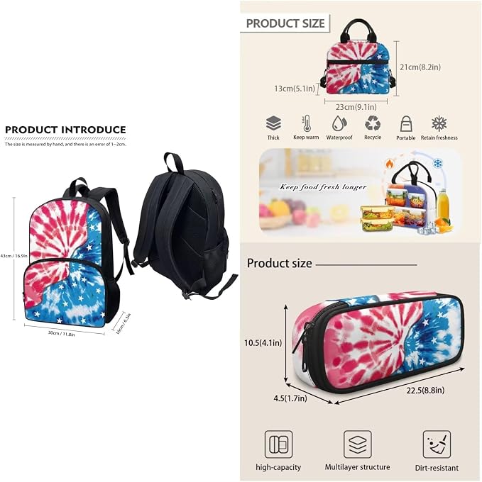 Tie Dye American Flag Backpack with Lunch Box and Pencil Case Girls Comfy Padded Cute School Backpack Set of 3 Bookbag for Student Lightweight Large Capacity Daypack - Image 2