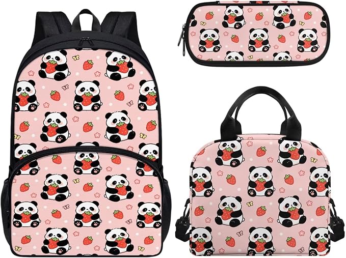 Strawberry Panda 3Pcs Backpacks Set for school, Kids Bookbag Students Knapsack with Insulated Lunch Box Pencil Case for Teens Girls by CndexdWearfunPrintjoy