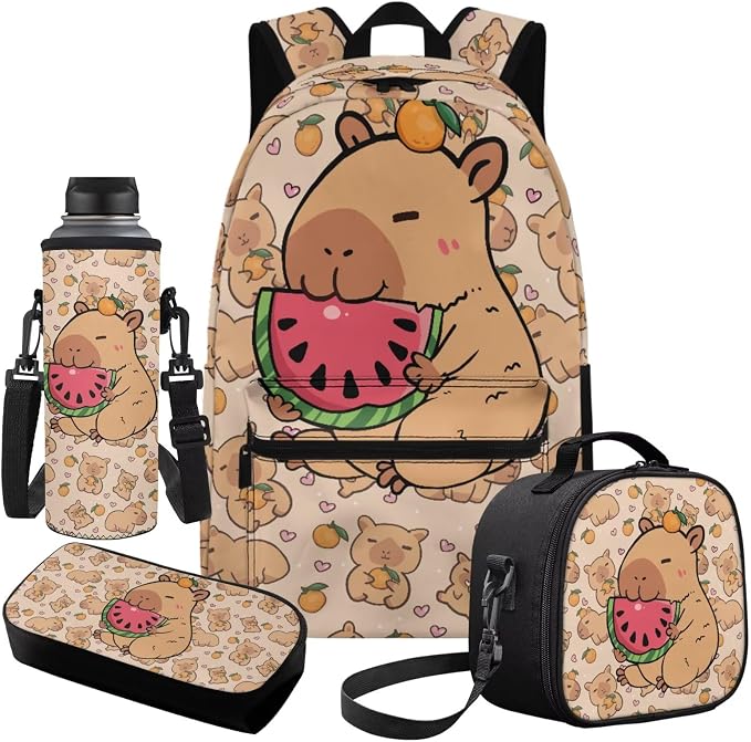 Capybara Backpack for Girls Cute Animal Eat Watermelon Backpack and Lunch Box for Girls Boys School Bag Set 4-in-1, Lightweight 17" Kids Bookbag Ages 8-10 10-12 Teens Daypack Purse - Image 2