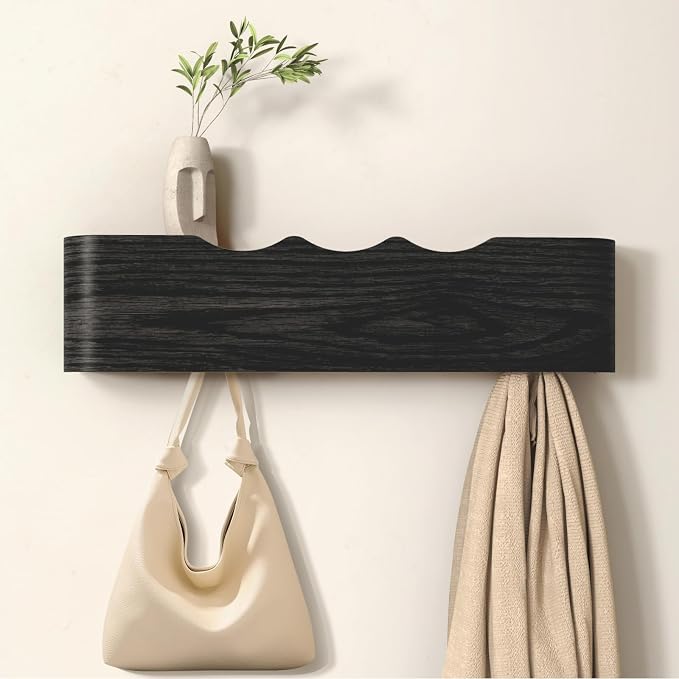 Wall Mounted Coat Rack with Shelf, Wooden Entryway Organizer with Hidden Metal Hooks for Hanging Coats Bags Keys, Modern Floating Shelf for Hallway Bathroom by VERASCOT