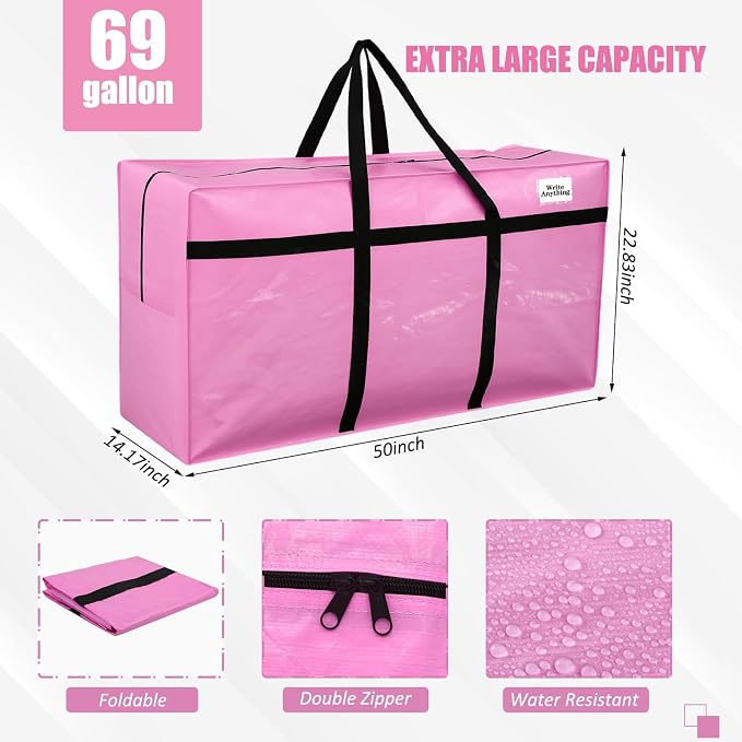Windyun 4 Pack 69 Gallon Extra Large Moving Bags XXL Heavy Duty Storage Bag with Strong Zipper Handle Jumbo Big Tote Box Foldable for College Dorm Travel Clothes Duffle Blanket Pillow(Pink) - Image 3