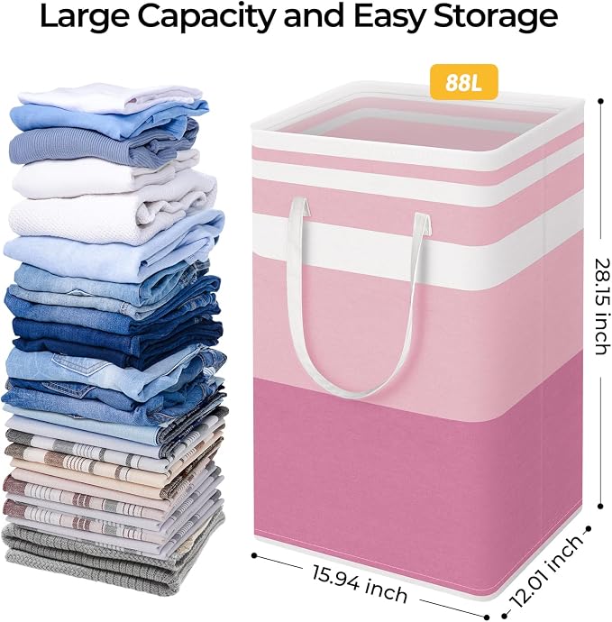 HomeHacks 2 Pack Large Laundry Baskets, Waterproof, Freestanding Laundry Hampers, Collapsible Clothes Hamper with Reinforced Handles in Laundry, College Dorm, Bathroom, Bedroom (Blue+Pink, 88Lx2) - Image 4