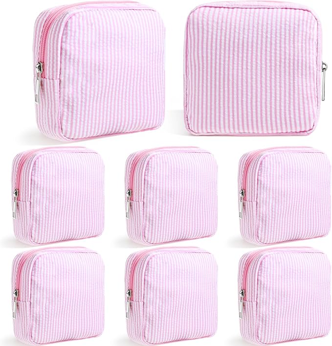 Giesiery 8 Pcs Seersucker Makeup Bags Striped Cosmetic Bags Bulk Organizer for Women Preppy Travel Toiletry Pouch for Wedding Bridesmaid Gifts (Pink, Mini) by Giesiery