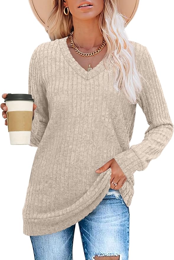 Sampeel V Neck Long Sleeve Shirts for Women Casual Fall Tops Lightweight Tunic Sweaters Fashion Clothes Loose Fit 2025