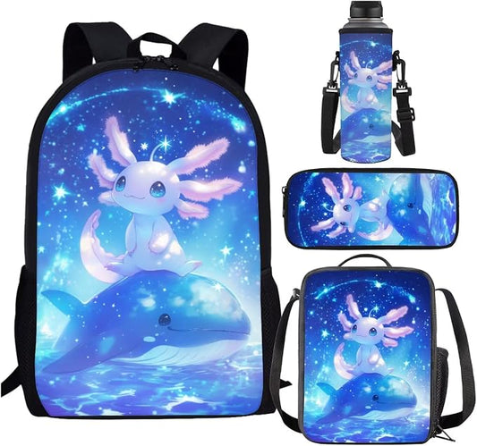 Cute Axolotl Backpack with Lunch Box Kids Girls 6-8/5-7 Killer Whale Elementary School Bookbag and Lunch Bag Pencil Case Water Bottle Holder 4PCS Set Student Book Bags Kindergarten Back Pack by SCRAWLGODDreamWardrobe
