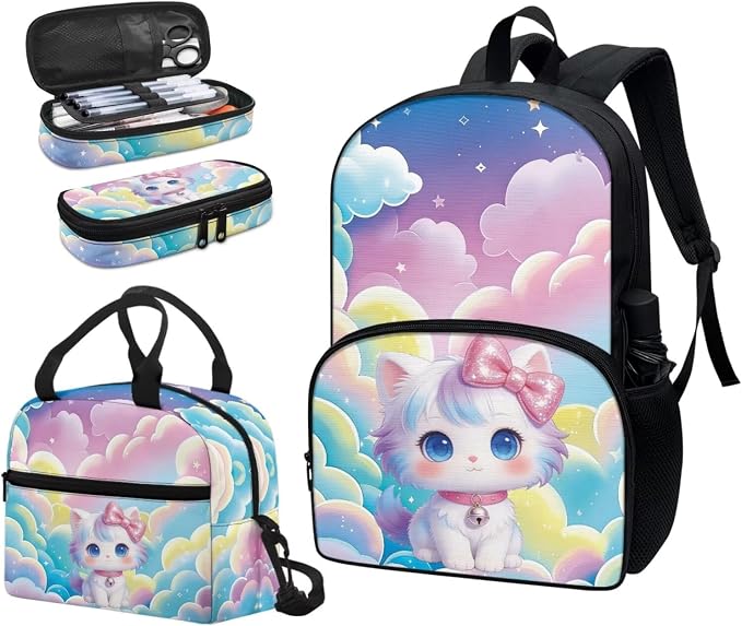 Rainbow Cat 3 Pieces Backpack for Kids, Girls Preschool Backpack with Lunch Box Pencil Case, School Bookbag Set, Kids Backpack for Travel - Image 6