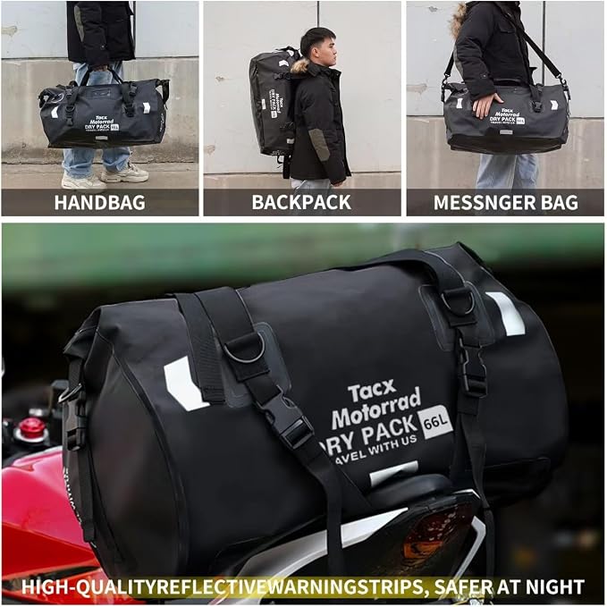 Waterproof Duffel Bag for Men/Women, Roll-top Dry Backpack Duffel Bag with Quick-fixed Straps, Motorcycle Tail Saddle Bag for Motorcycling, Rafting, Boating, Kayaking, Travel, 66L-Black - Image 2