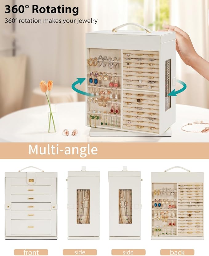 AKOZLIN 6-Tier Jewelry Box Organizer Functional 5 Drawers Leather Jewelry Storage Case for Women Girls Ring Necklace Earring Bracelet Holder Organizer with Mirror XL White 360° Rotating - Image 5