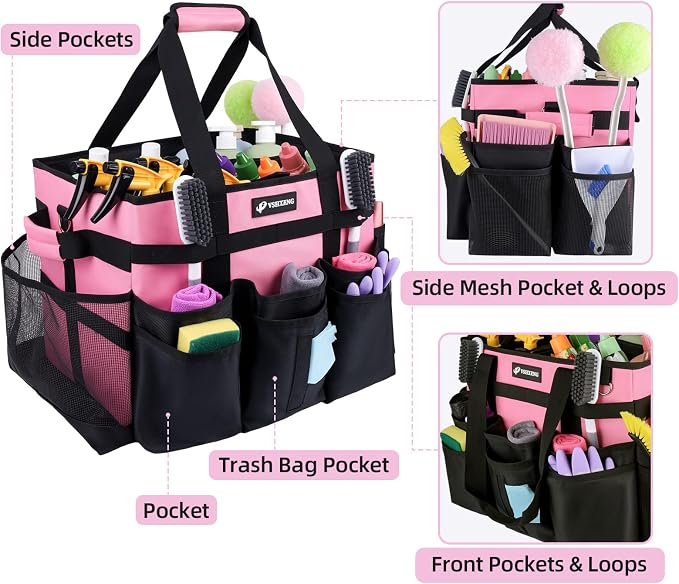 Large Rolling Cleaning Caddy Bag with Wheels, with Detachable Trolley, Cleaning Bags on Wheels for Housekeepers, Cleaning Cart Supplies Organizer for Home, Car, Picnic (Pink) - Image 5