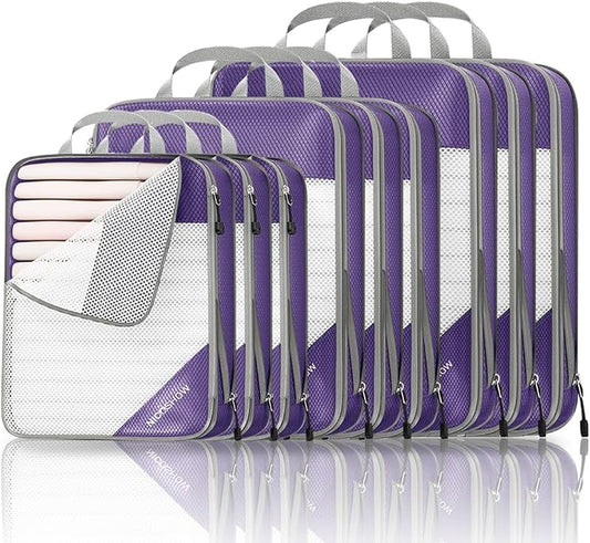 9 Set Compression Packing Cubes for Travel - Compressible, Lightweight, and Space-Saving Packing Cubes, Travel Essentials for Women, Purple by NICOSHOW