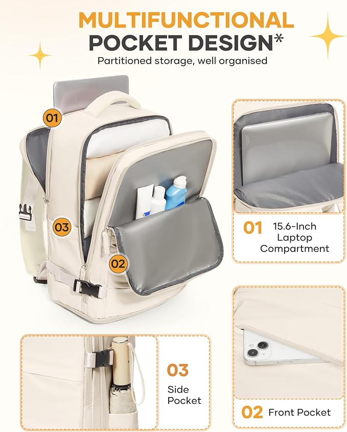 coofay Beige Travel Backpack For Women Men Airline Approved Personal Item Carry On Flight Approved Waterproof Backpack For Traveling On Airplane Weekender Travel Bag - Image 4