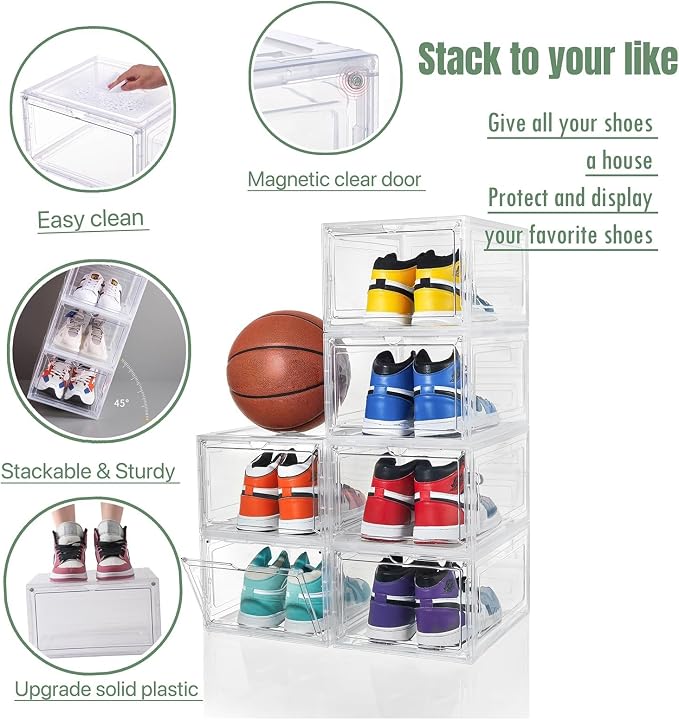 ZLLZUU Stackable Shoe Storage Boxes 9 Pack X-Large Clear Sneaker Organizer | Fits up to Women's Size 13, Easy to Assemble, Clear Visible Magnetic Front Door, Quick Aceess, Durable and Sturdy Plastic - Image 3