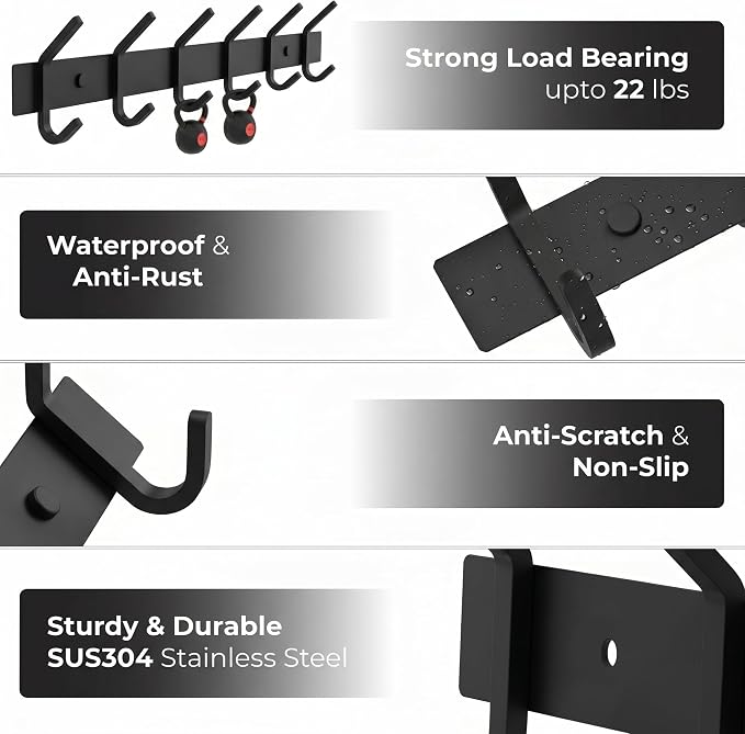 Coat Rack Wall Mount – 17 Inch Stainless Steel Hook Rail with 6 Double Coat Hooks for Hanging – Wall Mounted Entryway Organizer for Coats, Hats, Bags, Towels, Robes, Closet or Bathroom - Black 4 Pack - Image 3