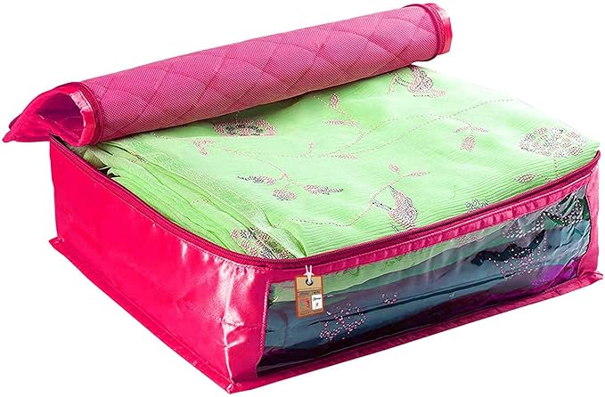 atorakushon Set of 5 Fabric Satin Saree and Blouse Covers Garments Clothes Storage Bag Wardrobe Organizers With Double Zip Lock & Transparent Window (Pink) - Image 5