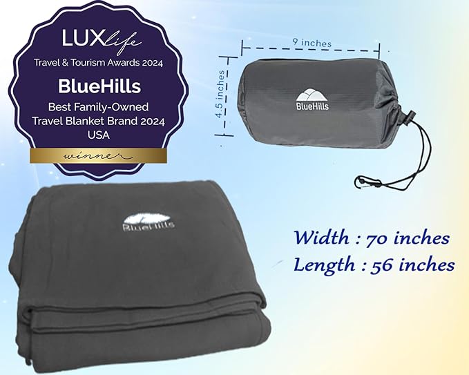 BlueHills 2 Pack Ultra Compact Travel Blanket Pillow Long Flights - Gray | Soft Travel Blanket Set of 2, Luggage Strap & Carabiner, 70X56 Long Flight Pillows, Portable Case/Bag, Lightweight & Compact - Image 5