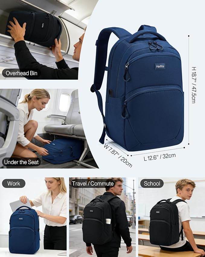 HanTrip Carry On Travel Backpack for Women Men, 30L Medium Work Backpack for Commuter College Water Resistant Bookbags, Navy Blue - Image 2