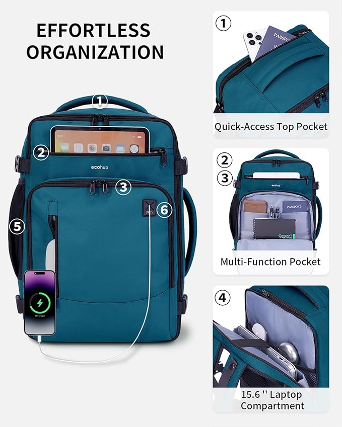 ECOHUB 17" Small Travel Backpack, United Airlines Personal Item Bag 17x10x9 with 16 Pockets, Water Resistant Rucksacks Fit 15.6" Laptop, AirTag Pocket, Lightweight Casual Daypack, 25L, Blue Green - Image 4