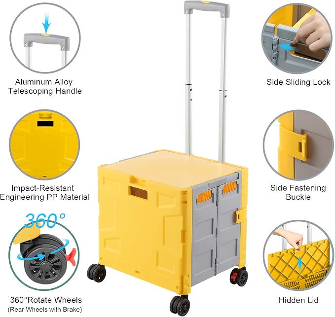 FELICON Folding Utility Cart Rolling Crate Handcart Basket Tote-Yellow+Gray | Collapsible Hidden Lid,Plastic Box,Telescoping Handle,4 Rotate Wheels for Travel Shop Move Grocery Laundry Office Teacher Use - Image 2
