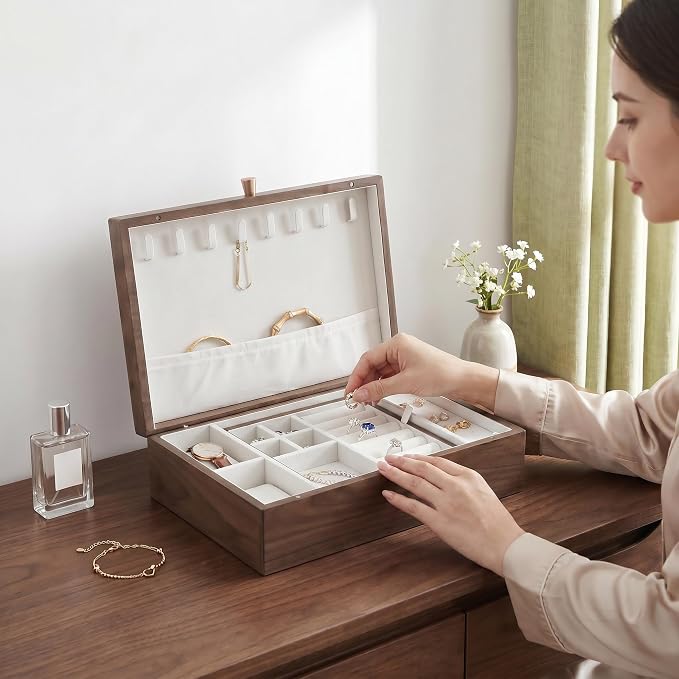Wooden Jewelry Box for Women, Black Walnut | Jewelry Organizer & Storage, Velvet Lining, Multi-Compartment, Travel Jewelry Case for Ring Necklace Earring - Image 2