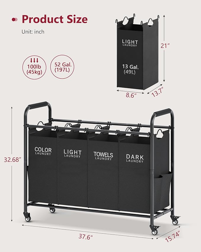 Tajsoon 4 Bag Laundry Sorter Cart, 4 Section Laundry Hamper Sorter with Heavy Duty Lockable Rolling Wheels, Laundry Separator Hamper with Removable Bags for Dirty Clothes Storage, Black - Image 7
