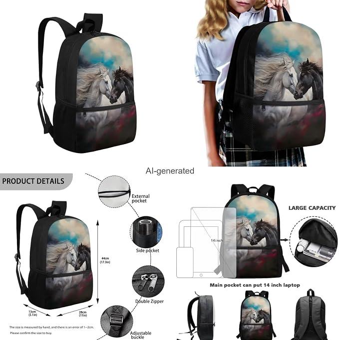 Horse Backpack for Boys Girls Backpack with Lunch Box Water Bottle Carrier with Strap and Soft Pencil Case 4PCS Set Bookbag with Front Pocket for School Teens 17 inch Large School Bag for Kids - Image 3