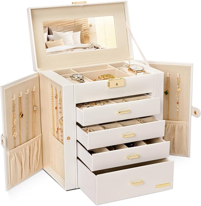 Homde Synthetic Leather Huge Jewelry Box Mirrored Watch Organizer Necklace Ring Earring Storage Lockable Gift Case (White + Gold) by Homde