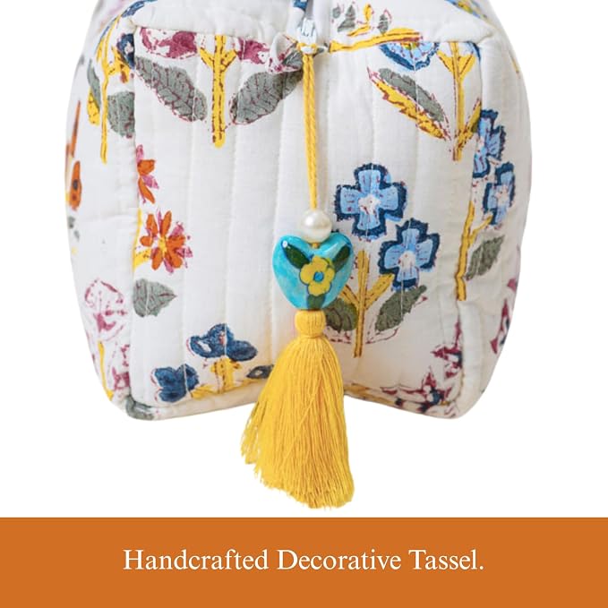 Saffron Marigold Quilted Makeup Bag Set of 3, Hand Block Printed Cotton Cosmetic Bags for Women, Waterproof Lined Travel Toiletry Bag, Coquette Floral Aesthetic, Handmade Gift, Wildflower Fields - Image 6