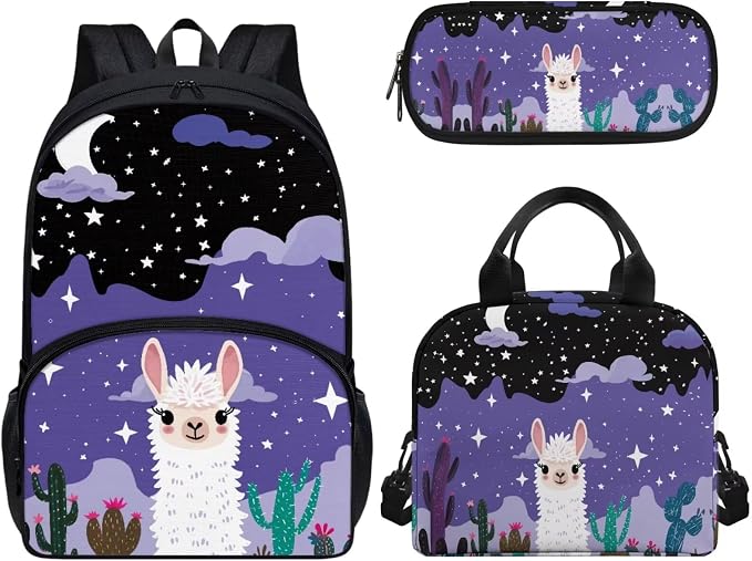 3Pcs Cute Alpaca Cactus Backpack Sets, Kids Bookbag Primary School Daypack Elementary Students Knapsack with Insulated Lunch Box Pencil Case for Teens Girls by CndexdWearfunPrintjoy