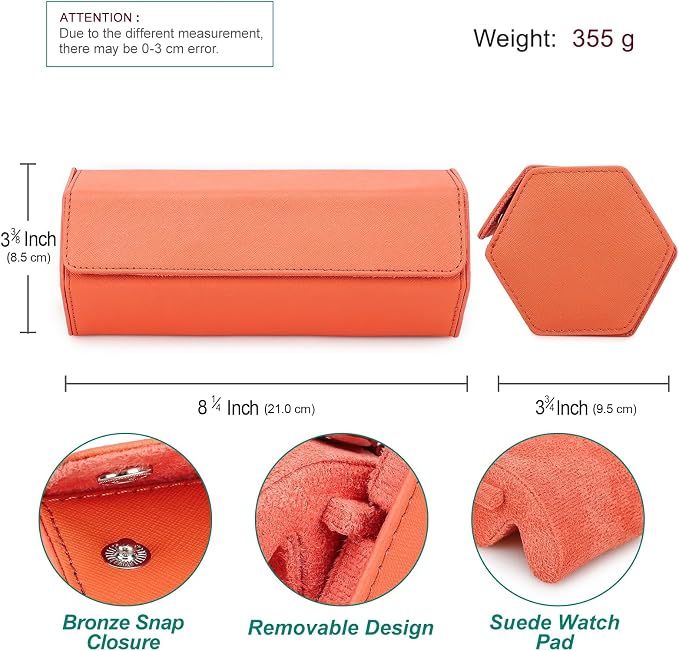 Hiram Genuine Leather Saffiano Leather Watch Roll Travel Case, Leather 1-Watches Roll Case for Treasured Watches and Bracelets(Orange) - Image 2