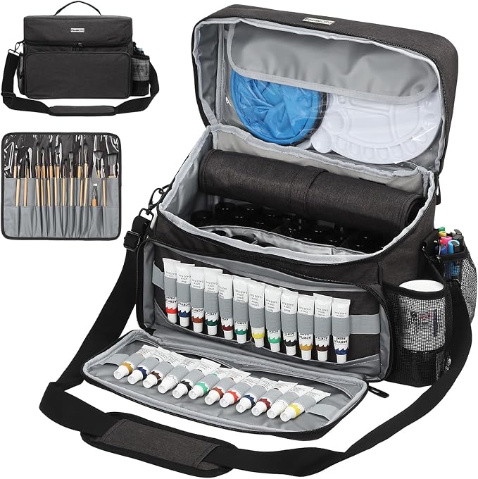 Acrylic Paint and Brush Set Organizer Bag - Carrying Case Compatible with Apple Barrel, Shuttle Art, Caliart Art Supplies - Includes Detachable Paint Brush Holder - for Home/Travel/Outdoor (Pro Black) by SOLDWELLALLOVERTHEWORLD